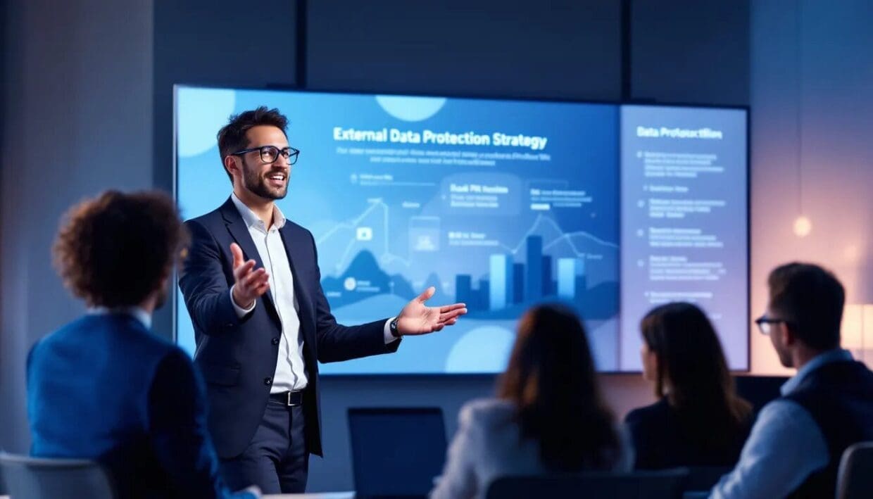 Ein IT-Experte, der neue datenschutzkonforme Technologien präsentiert.